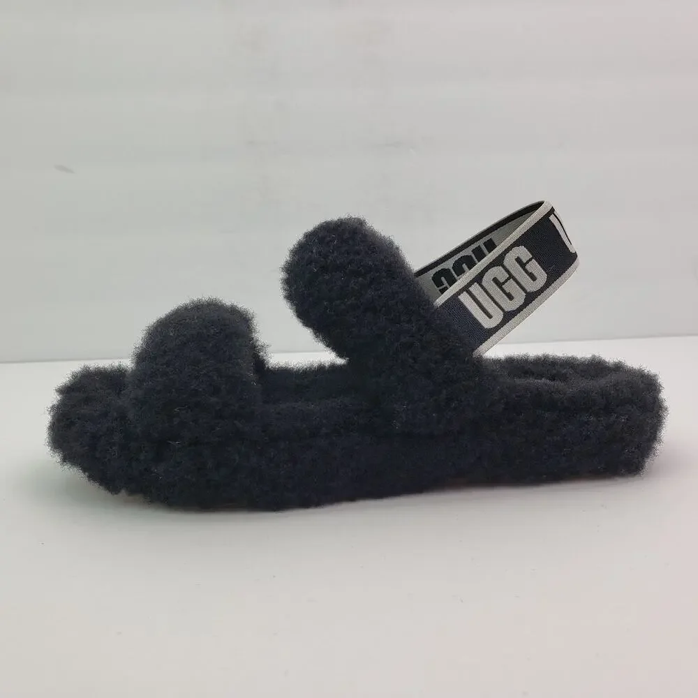 UGG Oh Yeah Girls Size 1Y Black Slip On Fluffy Soft Slipper Sandals 1115752K